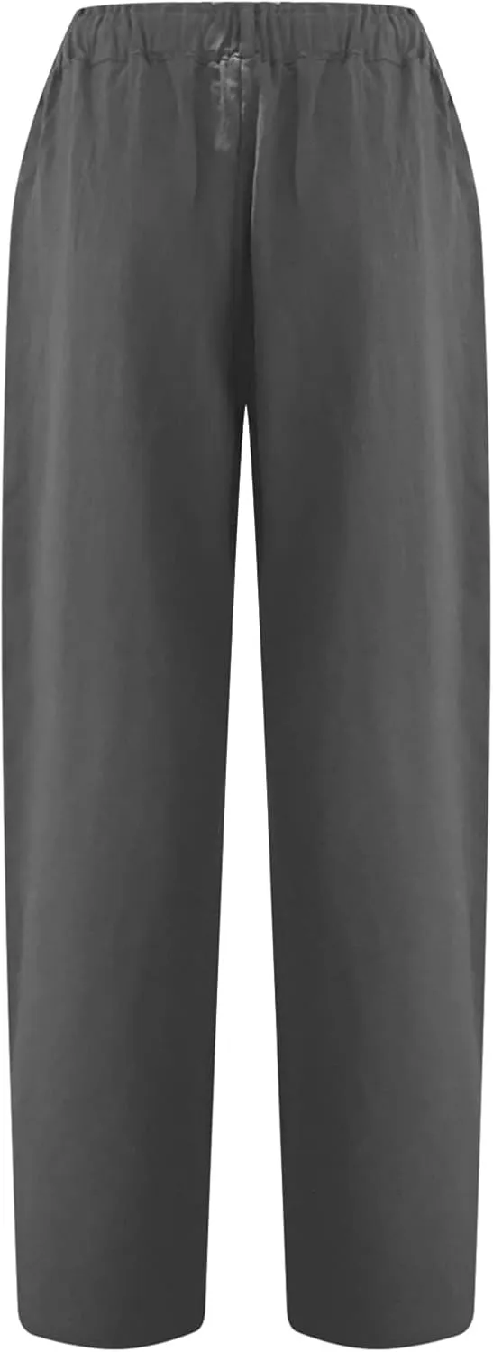 Linen Pants for Women High Waisted Wide Leg Capris Summer Casual Button Elastic Waist Cropped Trousers with Pockets