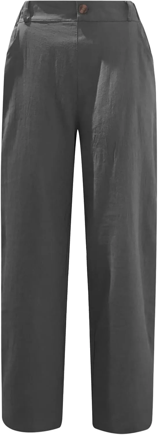 Linen Pants for Women High Waisted Wide Leg Capris Summer Casual Button Elastic Waist Cropped Trousers with Pockets