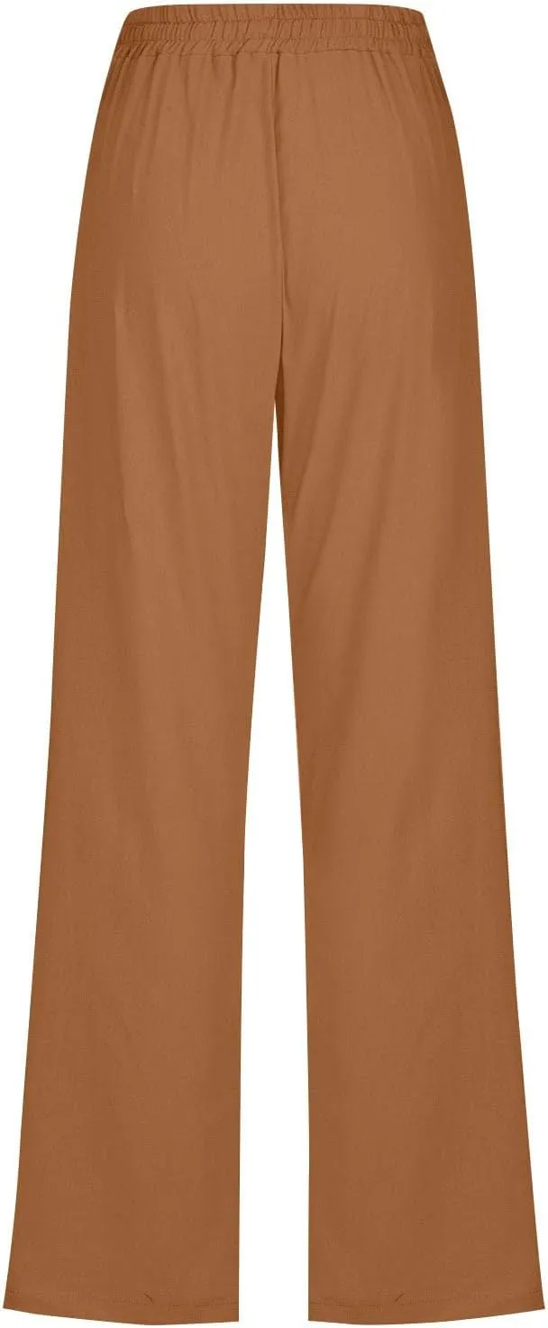 Linen Pants for Women Pleated High Waist Drawstring Comfy Casual Pants Lightweight Loose Trousers with Pockets