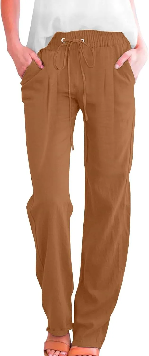 Linen Pants for Women Pleated High Waist Drawstring Comfy Casual Pants Lightweight Loose Trousers with Pockets