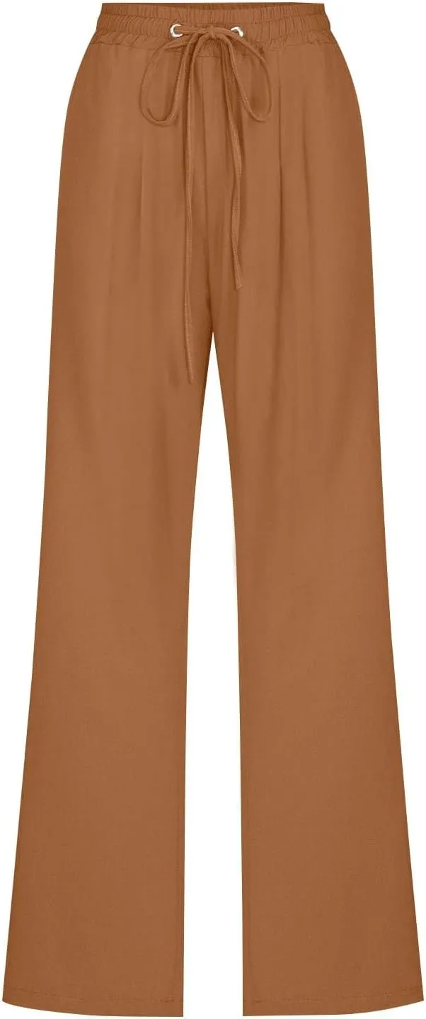 Linen Pants for Women Pleated High Waist Drawstring Comfy Casual Pants Lightweight Loose Trousers with Pockets