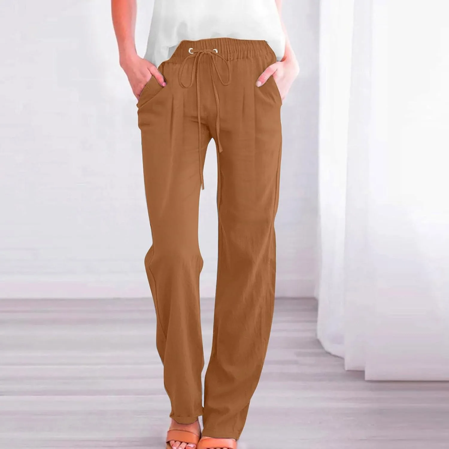 Linen Pants for Women Pleated High Waist Drawstring Comfy Casual Pants Lightweight Loose Trousers with Pockets