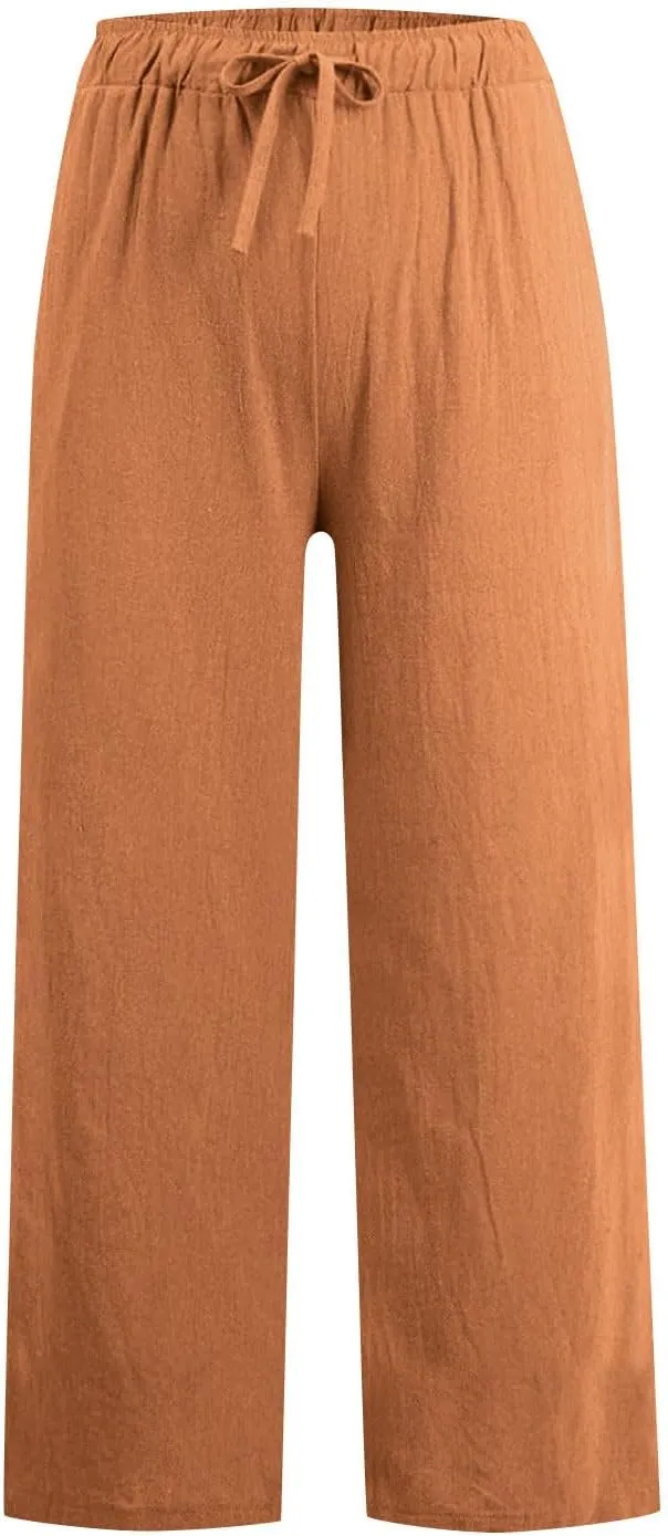 Linen Pants for Women Summer Boho Wide Leg Trouser High Waist Casual Lounge Pant Beach Travel Vacation Outfits