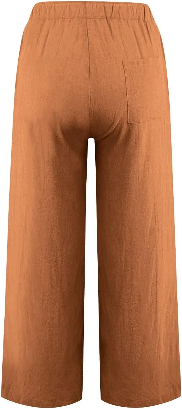 Linen Pants for Women Summer Boho Wide Leg Trouser High Waist Casual Lounge Pant Beach Travel Vacation Outfits