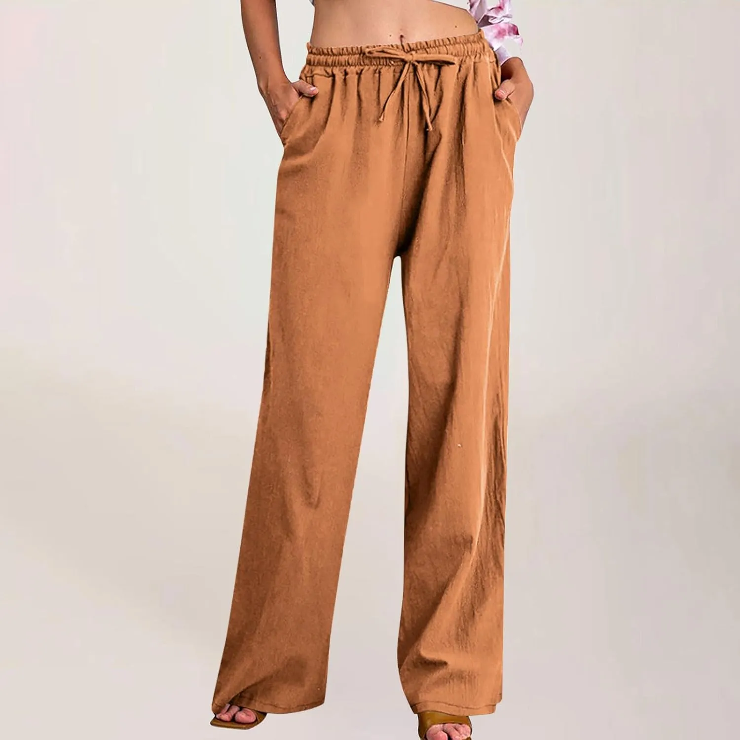 Linen Pants for Women Summer Boho Wide Leg Trouser High Waist Casual Lounge Pant Beach Travel Vacation Outfits