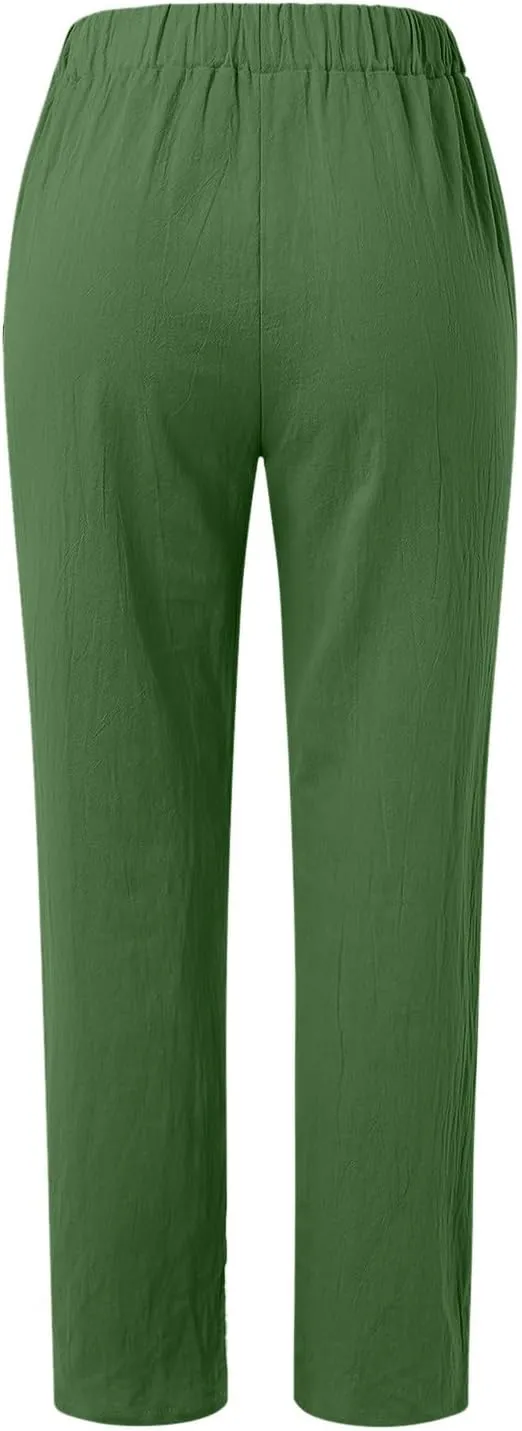 Linen Pants for Women Summer Casual Elastic High Waist Straight Leg Lounge Pants Beach Plus Size Lightweight Trousers