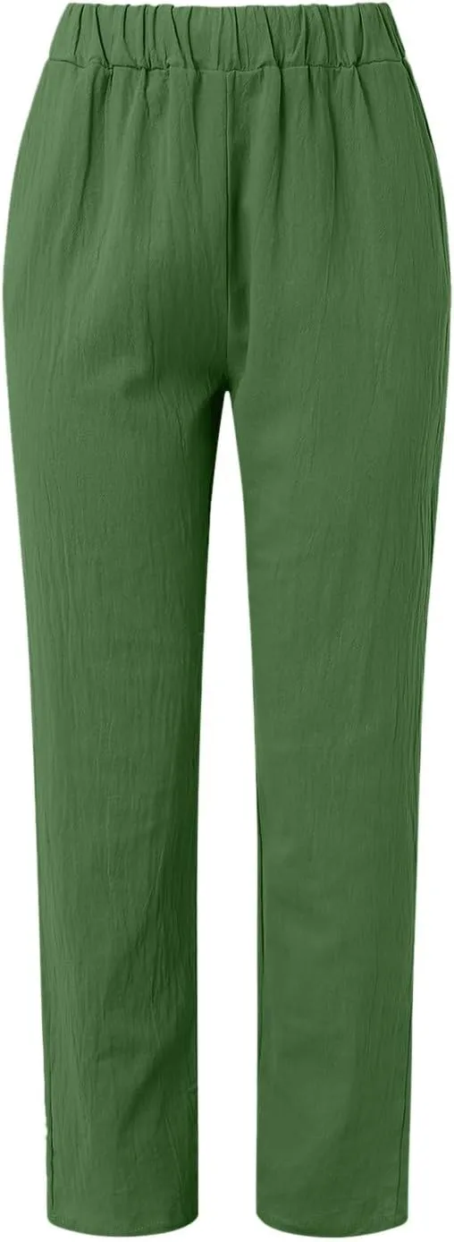 Linen Pants for Women Summer Casual Elastic High Waist Straight Leg Lounge Pants Beach Plus Size Lightweight Trousers