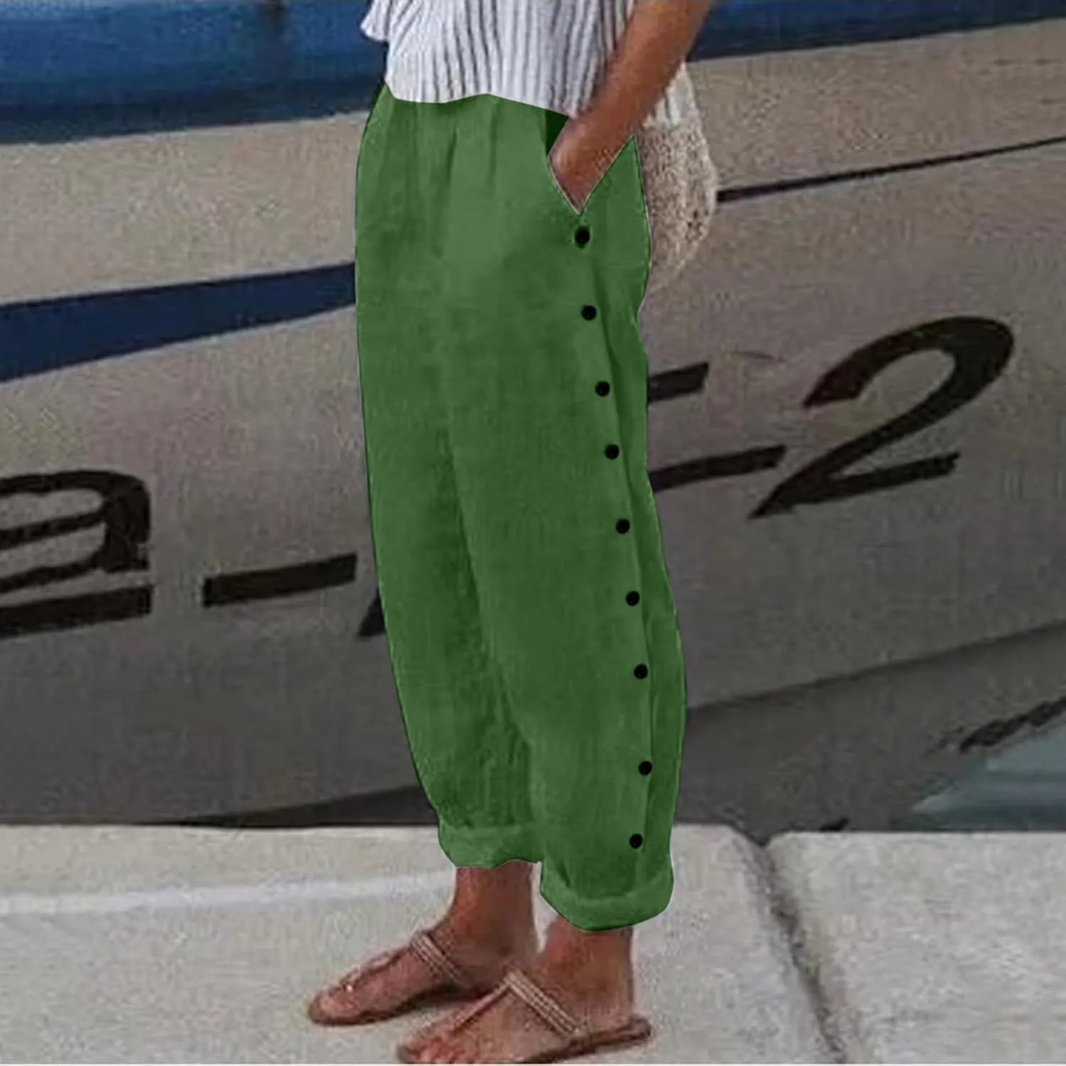 Linen Pants for Women Summer Casual Elastic High Waist Straight Leg Lounge Pants Beach Plus Size Lightweight Trousers