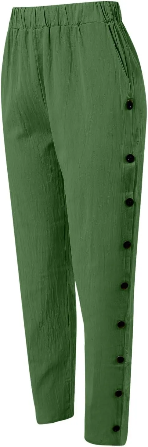 Linen Pants for Women Summer Casual Elastic High Waist Straight Leg Lounge Pants Beach Plus Size Lightweight Trousers