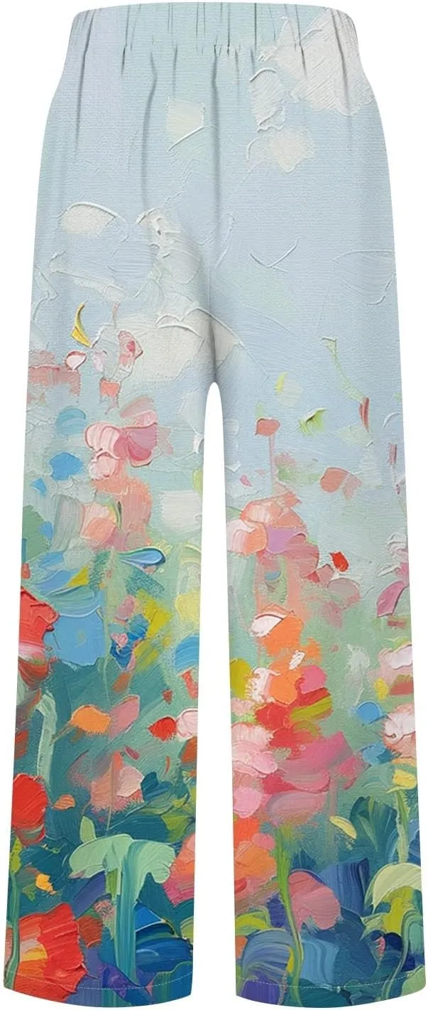 Linen Pants for Women Summer Casual High Waist Boho Floral Cropped Pants Tapered Beach Trousers Capri Pants Pockets