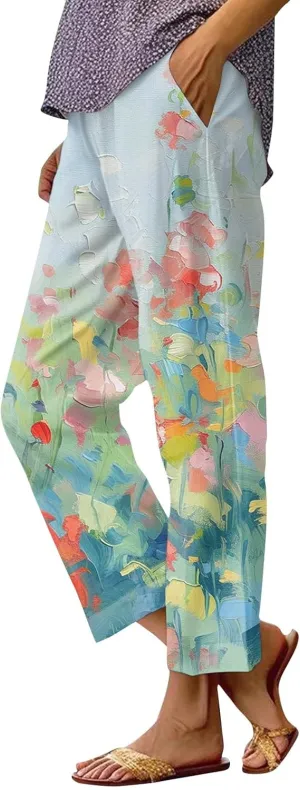 Linen Pants for Women Summer Casual High Waist Boho Floral Cropped Pants Tapered Beach Trousers Capri Pants Pockets