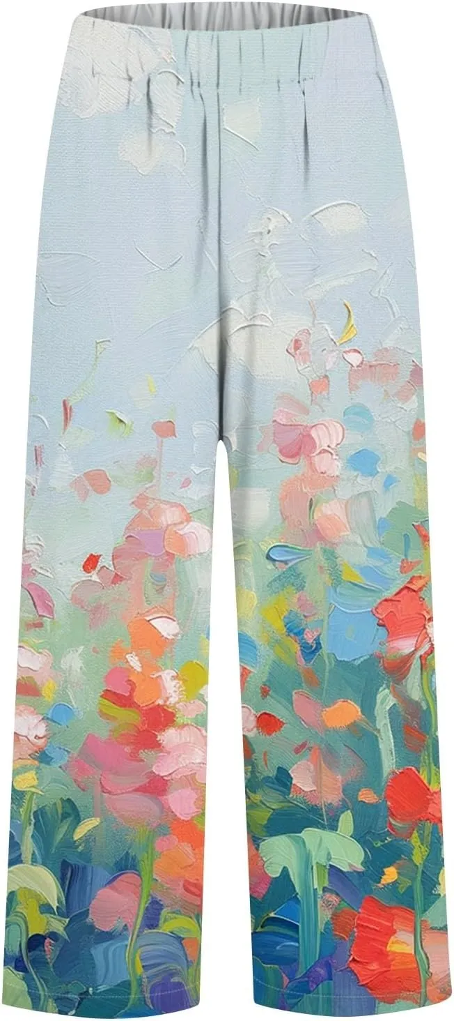 Linen Pants for Women Summer Casual High Waist Boho Floral Cropped Pants Tapered Beach Trousers Capri Pants Pockets