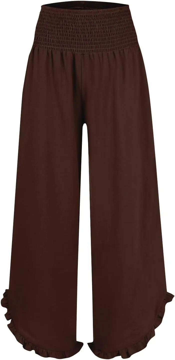 Linen Pants for Women Summer Elastic High Waisted Ruffles Palazzo Pants Pull on Travel Vacation Trousers with Pockets