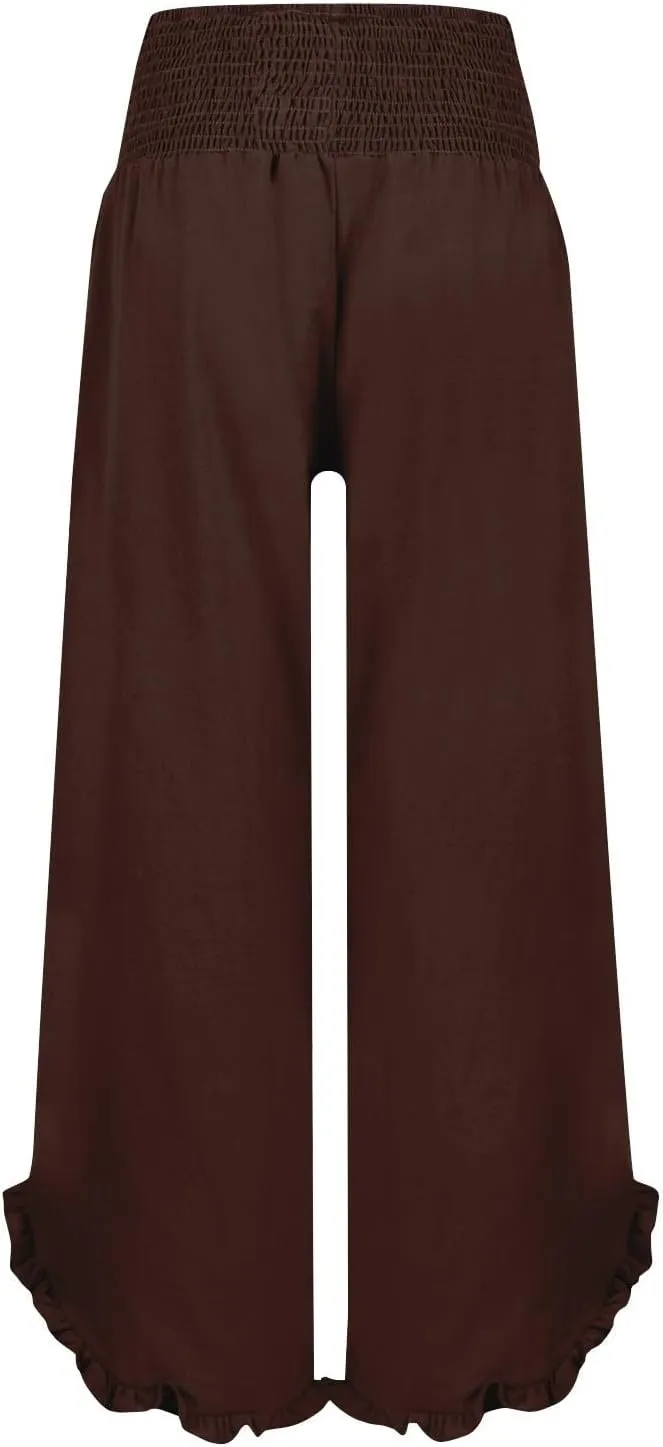 Linen Pants for Women Summer Elastic High Waisted Ruffles Palazzo Pants Pull on Travel Vacation Trousers with Pockets