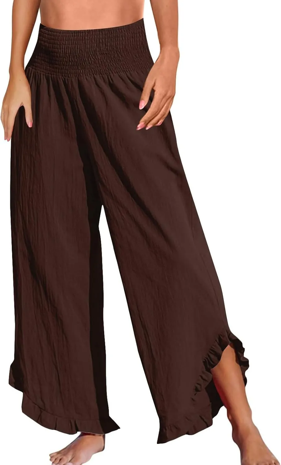 Linen Pants for Women Summer Elastic High Waisted Ruffles Palazzo Pants Pull on Travel Vacation Trousers with Pockets