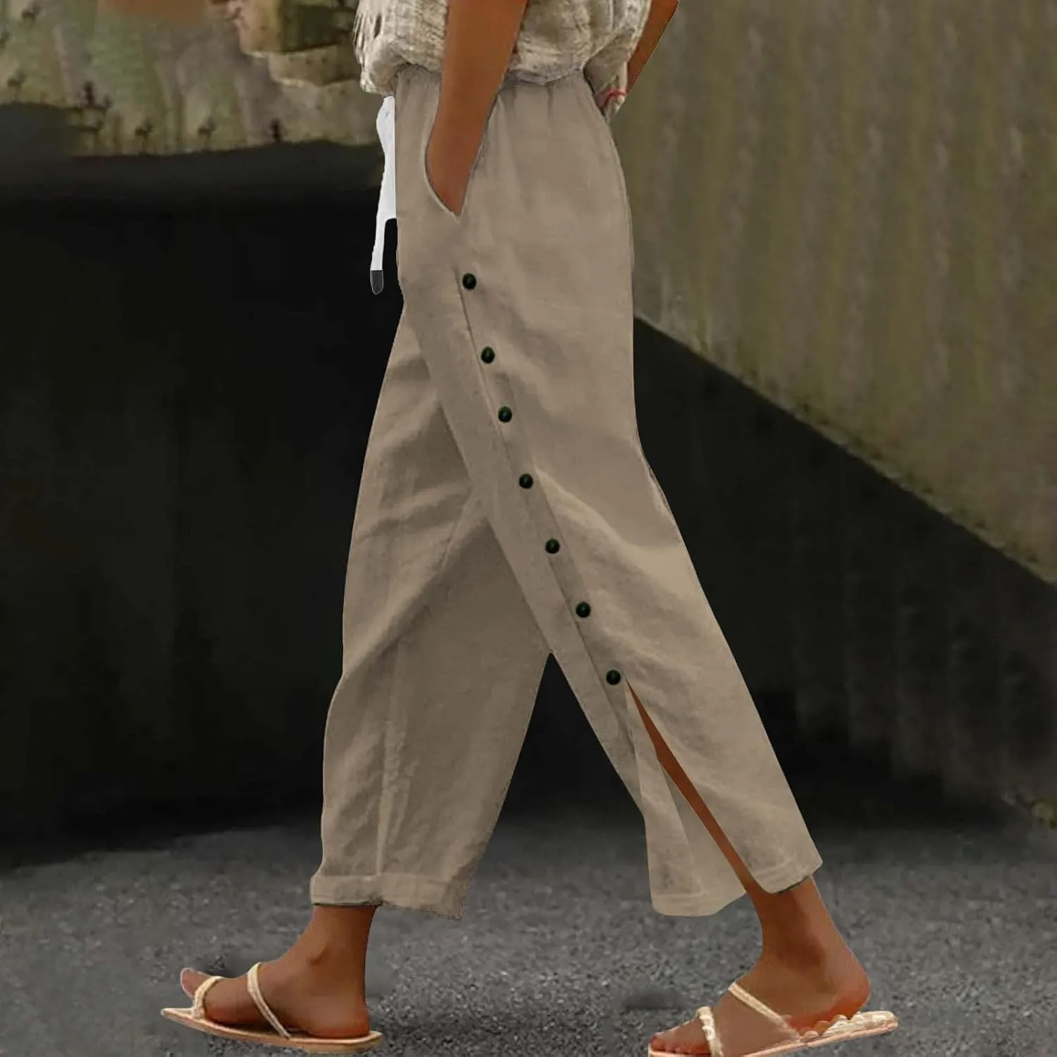 Linen Pants for Women Summer High Waisted Elastic Straight Leg Lounge Pants Casual Loose Lightweight Beach Trousers