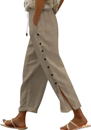 Linen Pants for Women Summer High Waisted Elastic Straight Leg Lounge Pants Casual Loose Lightweight Beach Trousers