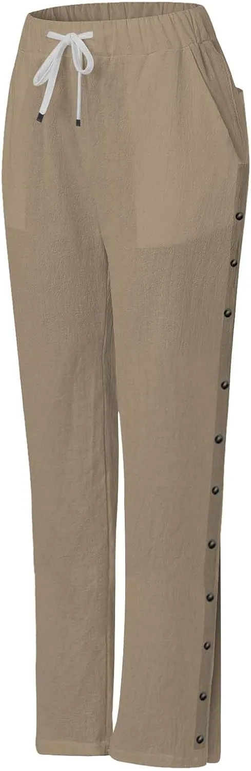 Linen Pants for Women Summer High Waisted Elastic Straight Leg Lounge Pants Casual Loose Lightweight Beach Trousers