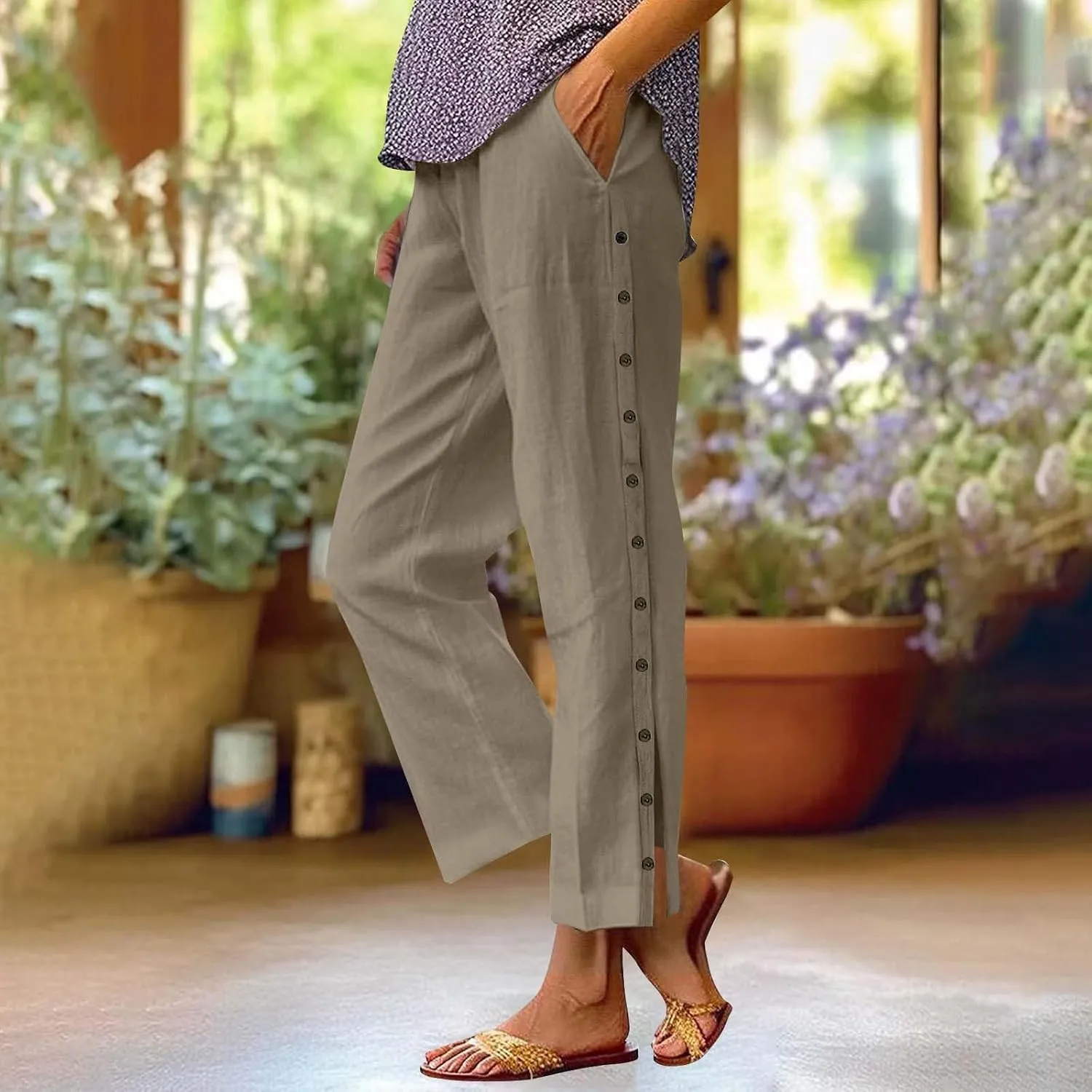 Linen Pants for Women Summer High Waisted Elastic Straight Leg Lounge Pants Casual Loose Lightweight Beach Trousers