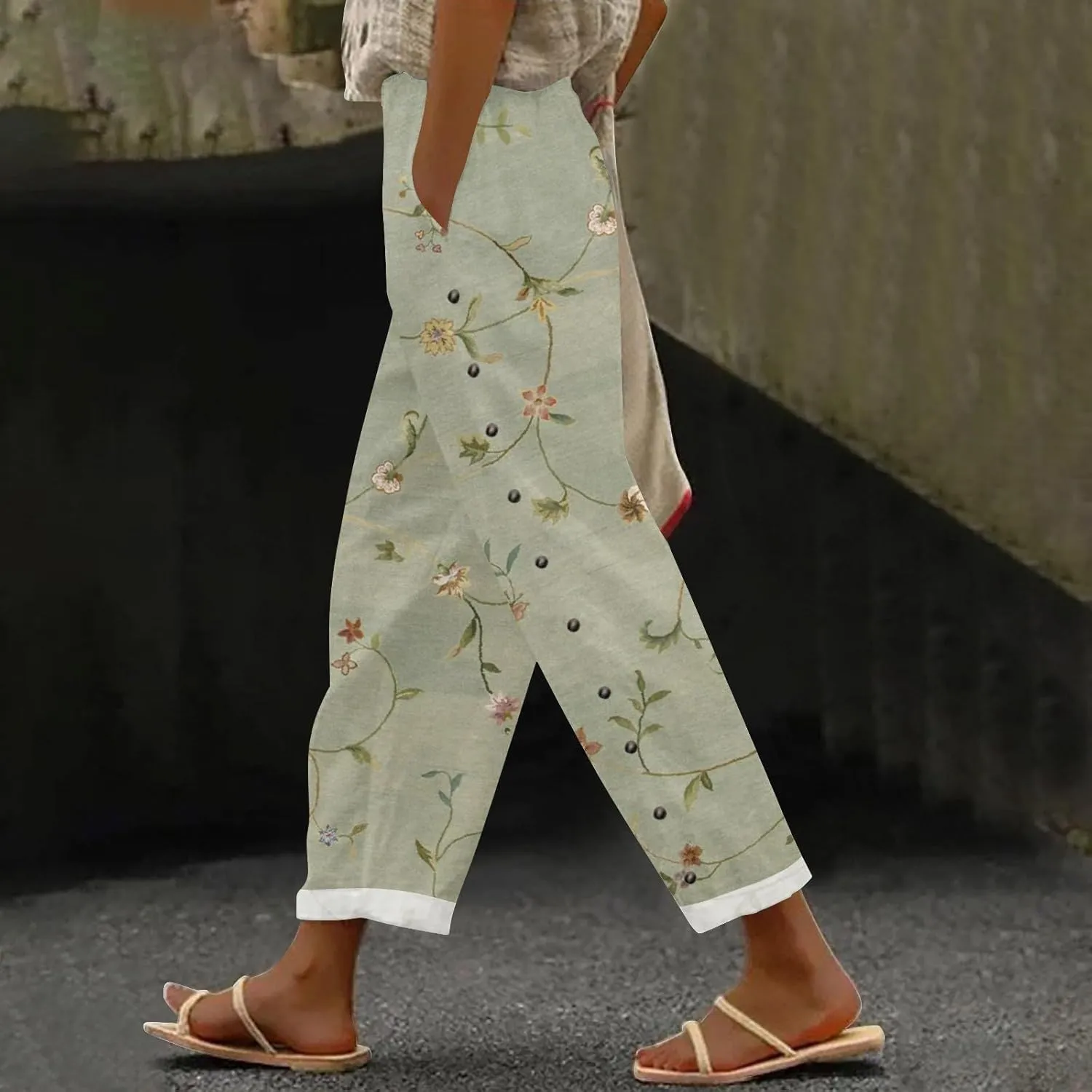 Linen Pants Women High Waisted Elastic Drawstring Beach Pants Casual Loose Lightweight Wide Leg Trousers with Pockets