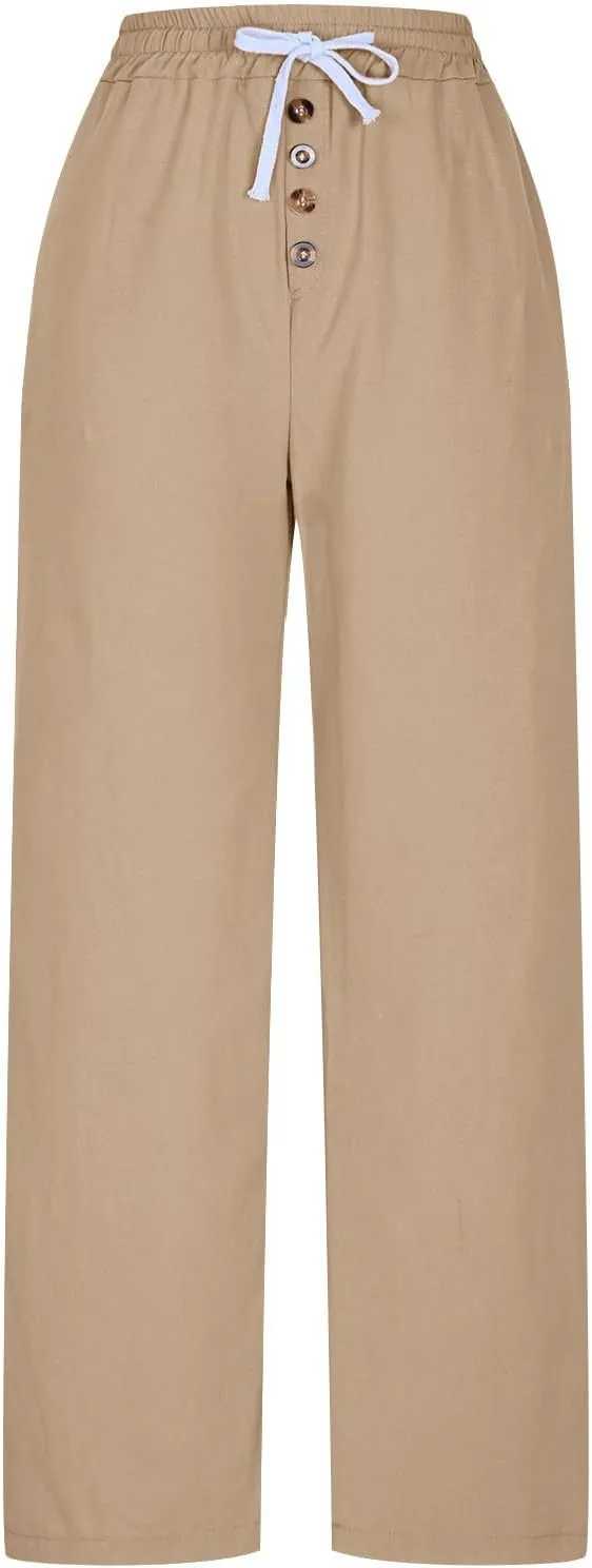 Linen Pants Women Loose Fit High Waist Drawstring Straight Leg Pants Summer Solid Lounge Trousers with Pockets 2025