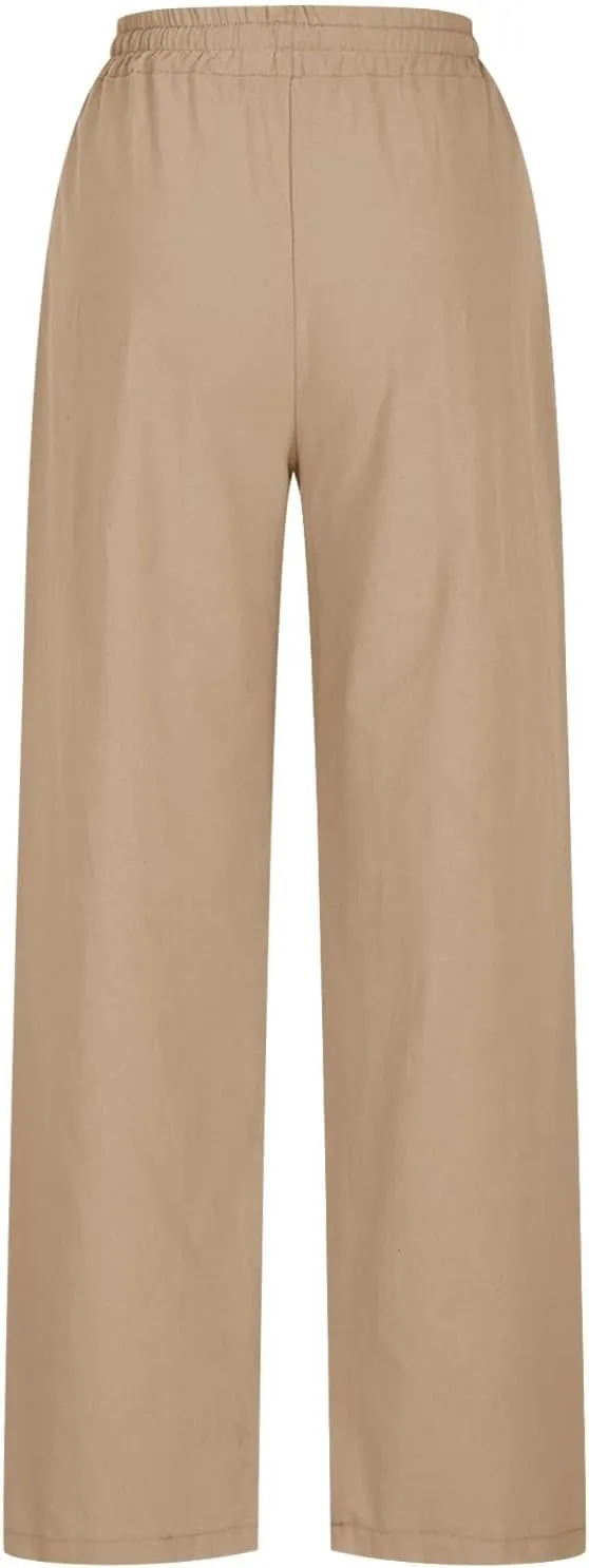 Linen Pants Women Loose Fit High Waist Drawstring Straight Leg Pants Summer Solid Lounge Trousers with Pockets 2025