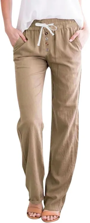 Linen Pants Women Loose Fit High Waist Drawstring Straight Leg Pants Summer Solid Lounge Trousers with Pockets 2025