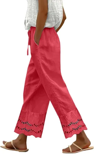 Linen Pants Women Lounge Trousers Drawstring Elastic Waist Summer Boho Palazzo Vintage Pants with Pockets