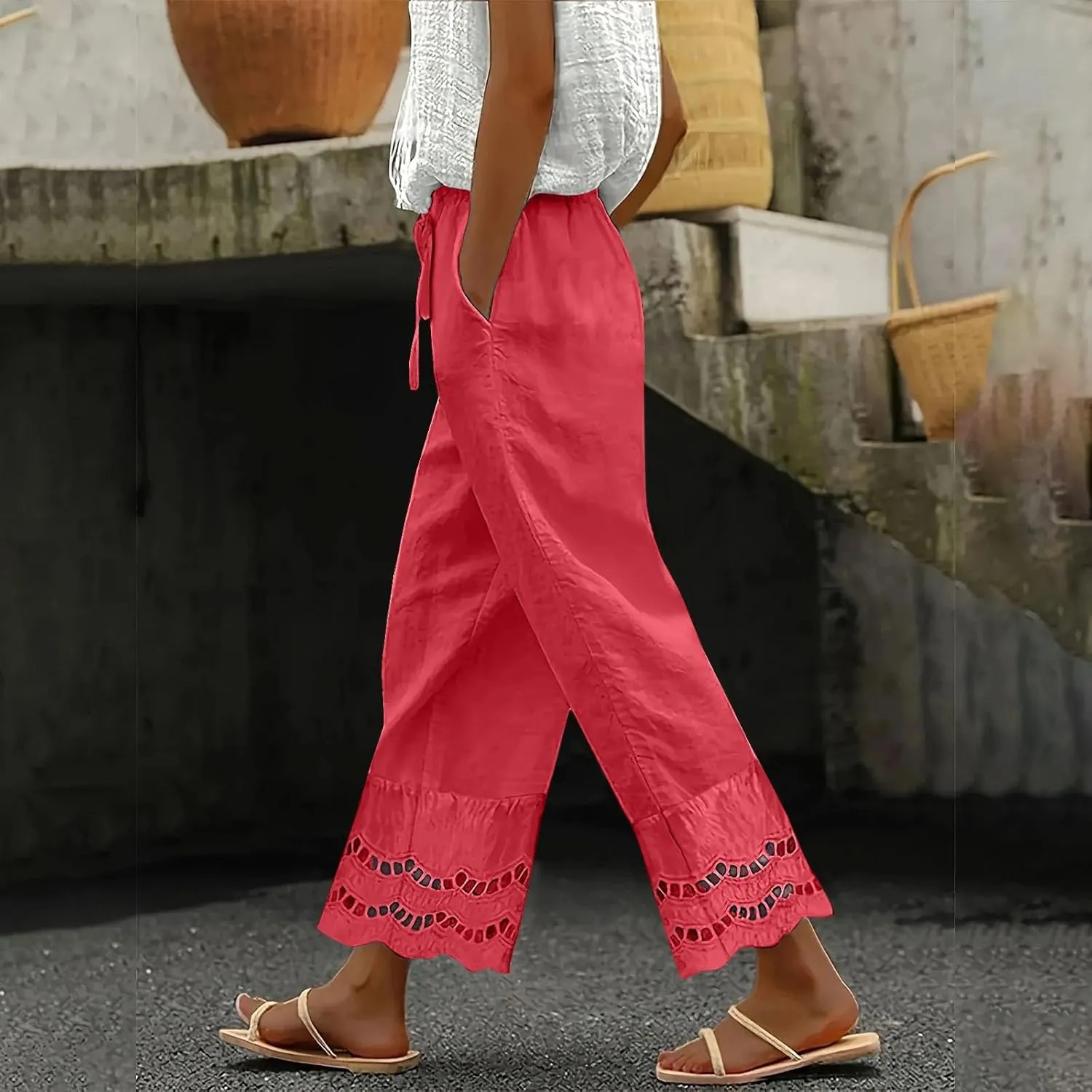 Linen Pants Women Lounge Trousers Drawstring Elastic Waist Summer Boho Palazzo Vintage Pants with Pockets