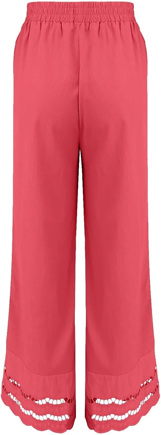 Linen Pants Women Lounge Trousers Drawstring Elastic Waist Summer Boho Palazzo Vintage Pants with Pockets