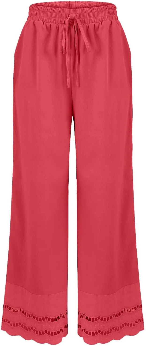 Linen Pants Women Lounge Trousers Drawstring Elastic Waist Summer Boho Palazzo Vintage Pants with Pockets