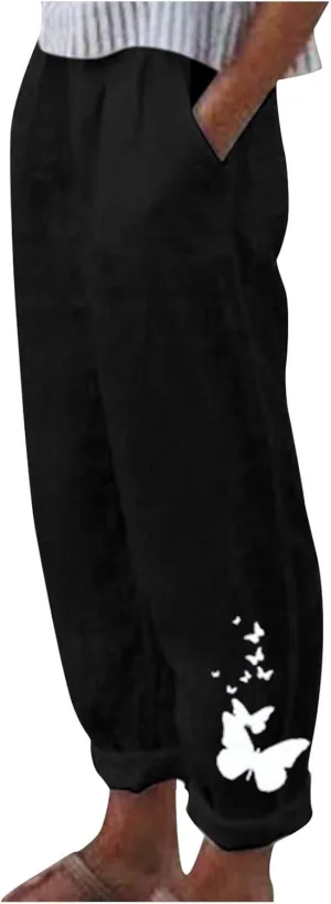 Linen Pants Women Plus Size Tapered Casual Wide Leg Pants for Women Elastic High Waist Drawstring Side Split Pants