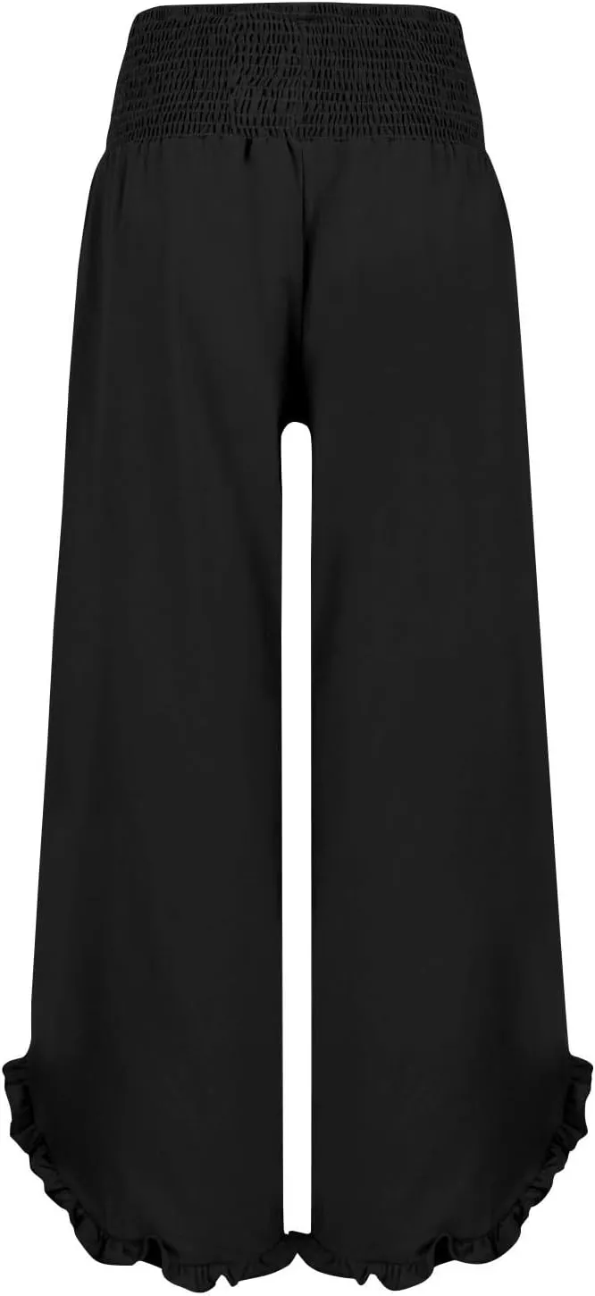 Linen Pants Women Summer Baggy Wide Leg Flowy Beach Pants Elastic High Waisted Tummy Control Vacation Pants with Pockets