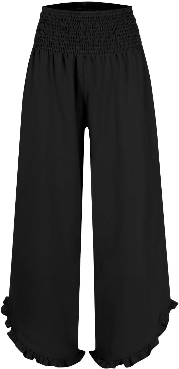 Linen Pants Women Summer Baggy Wide Leg Flowy Beach Pants Elastic High Waisted Tummy Control Vacation Pants with Pockets