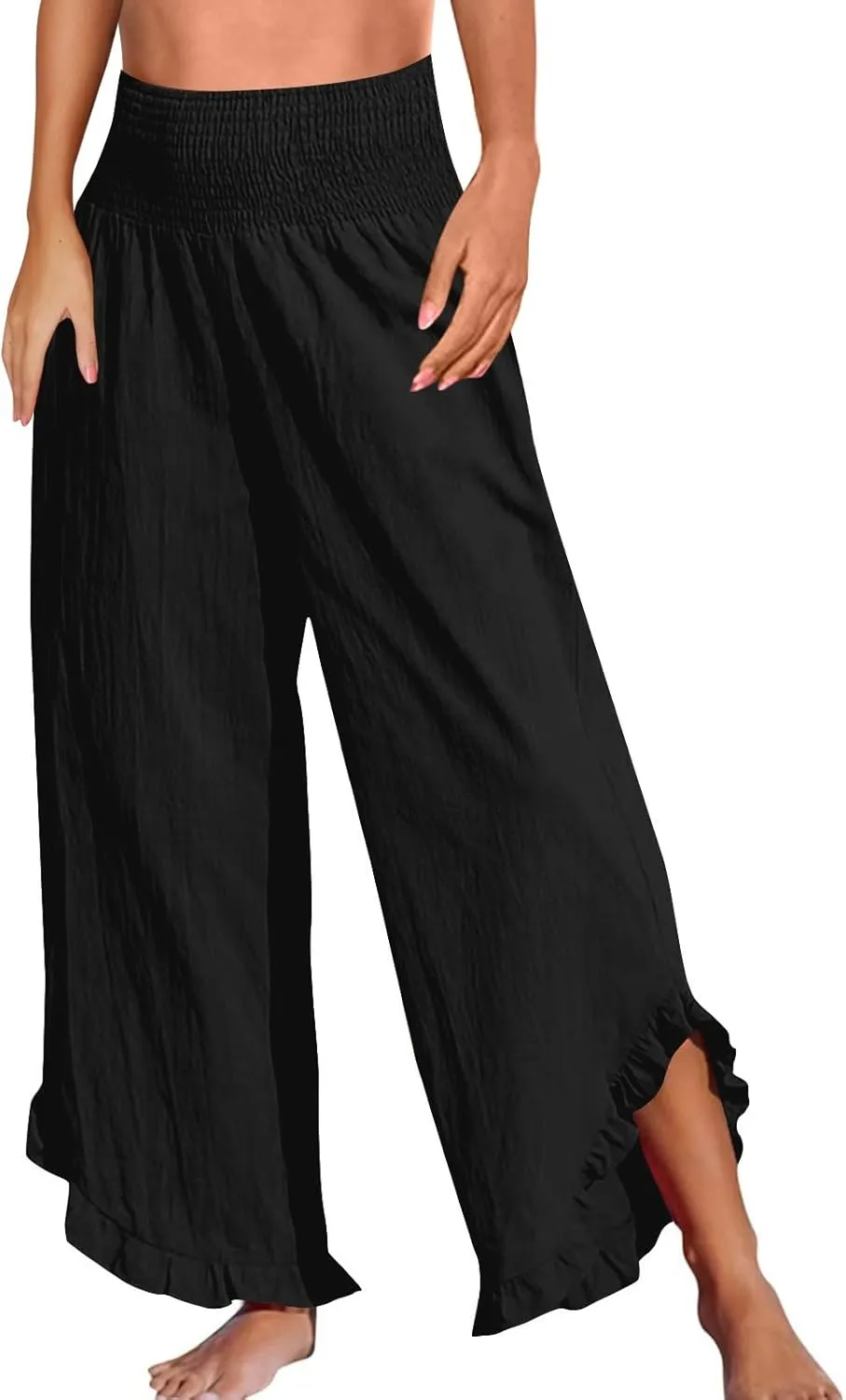 Linen Pants Women Summer Baggy Wide Leg Flowy Beach Pants Elastic High Waisted Tummy Control Vacation Pants with Pockets