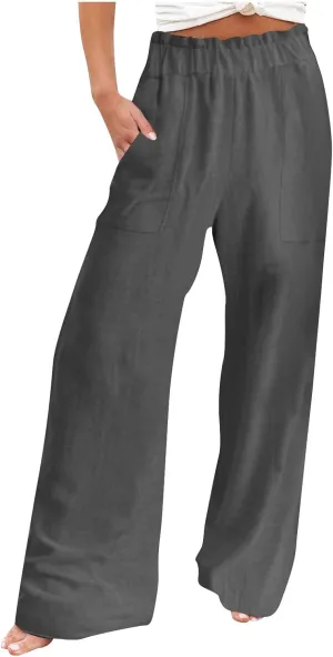 Linen Pants Women Summer Beach High Waisted Cotton Linen Palazzo Pants Wide Leg Long Lounge Pant Trousers with Pockets