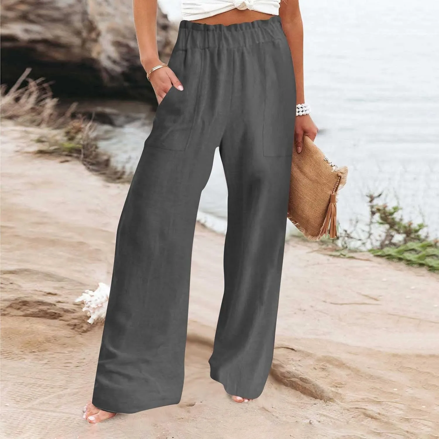 Linen Pants Women Summer Beach High Waisted Cotton Linen Palazzo Pants Wide Leg Long Lounge Pant Trousers with Pockets