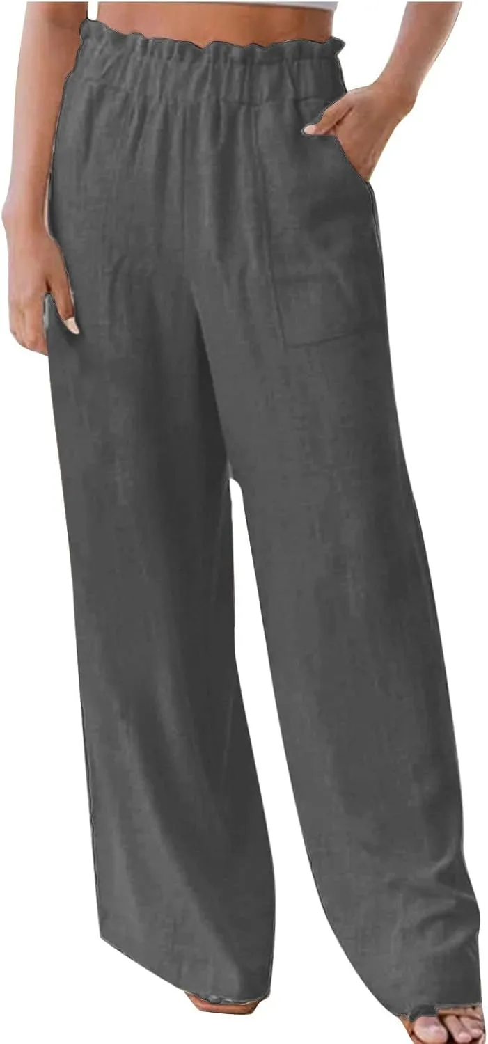 Linen Pants Women Summer Beach High Waisted Cotton Linen Palazzo Pants Wide Leg Long Lounge Pant Trousers with Pockets