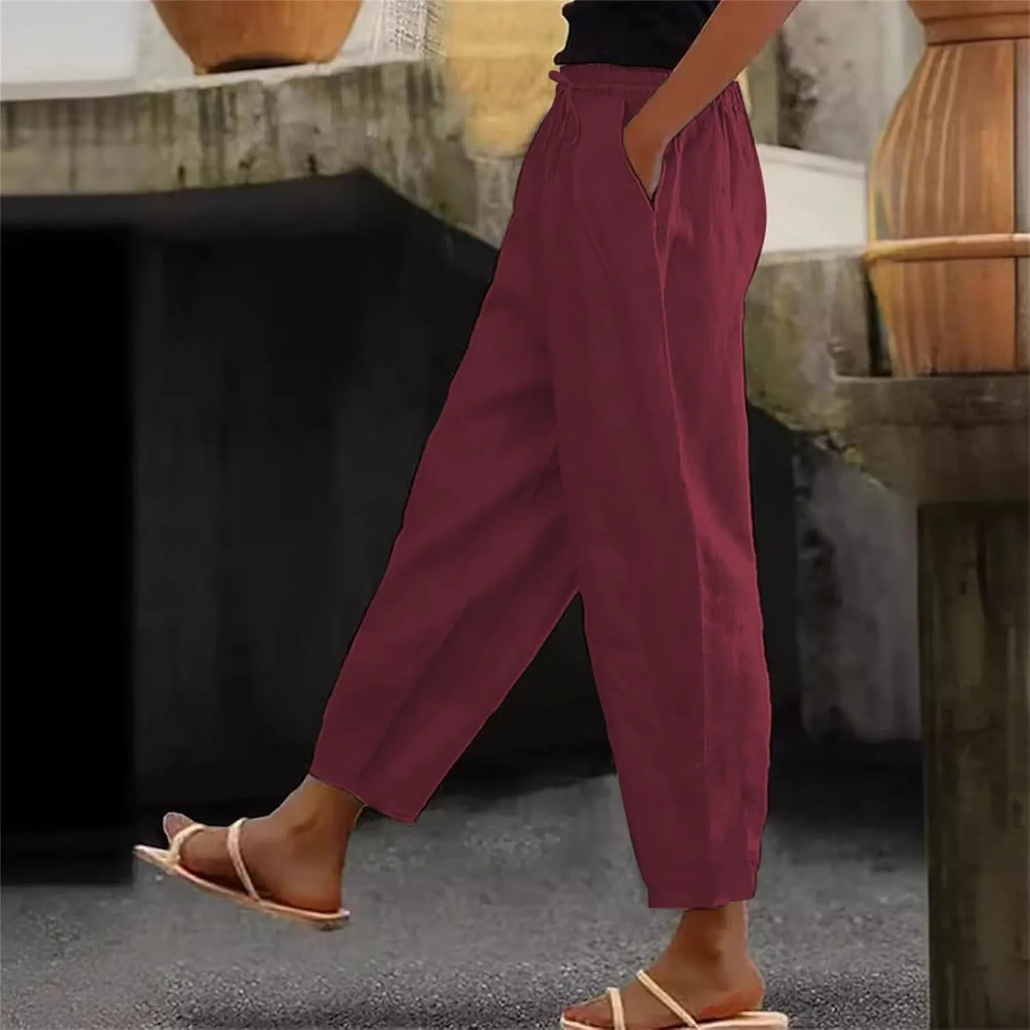 Linen Pants Women Summer Cotton Linen Capri Pants Casual Cropped Trouser sTapered Leg Sweatpants Loose Beach Pants