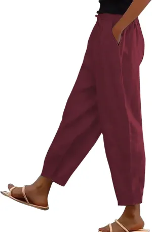 Linen Pants Women Summer Cotton Linen Capri Pants Casual Cropped Trouser sTapered Leg Sweatpants Loose Beach Pants
