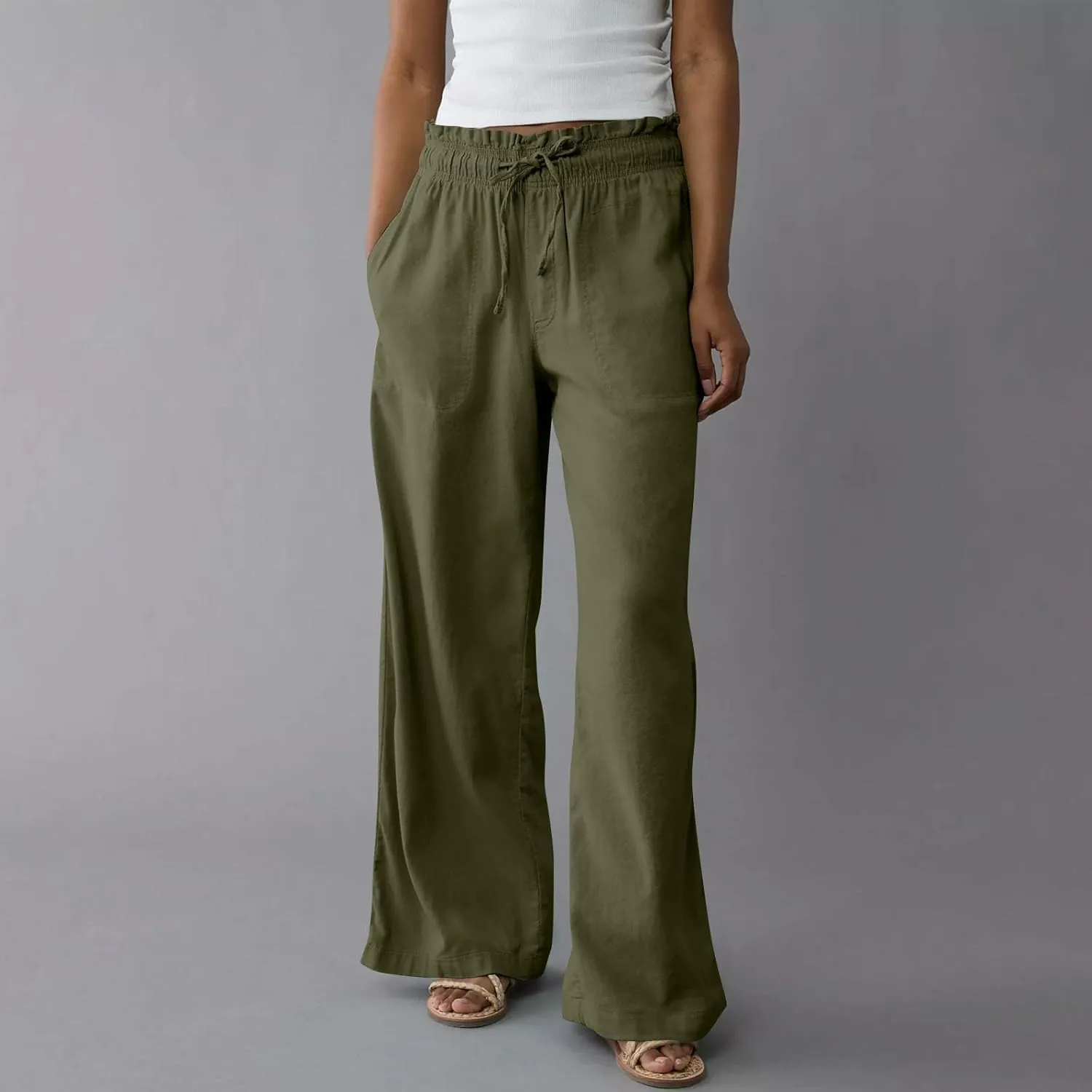 Linen Pants Women Summer Drawstring Elastic Waist Pants Straight Leg Comfy Flowy Cotton Linen Beach Palazzo Trousers