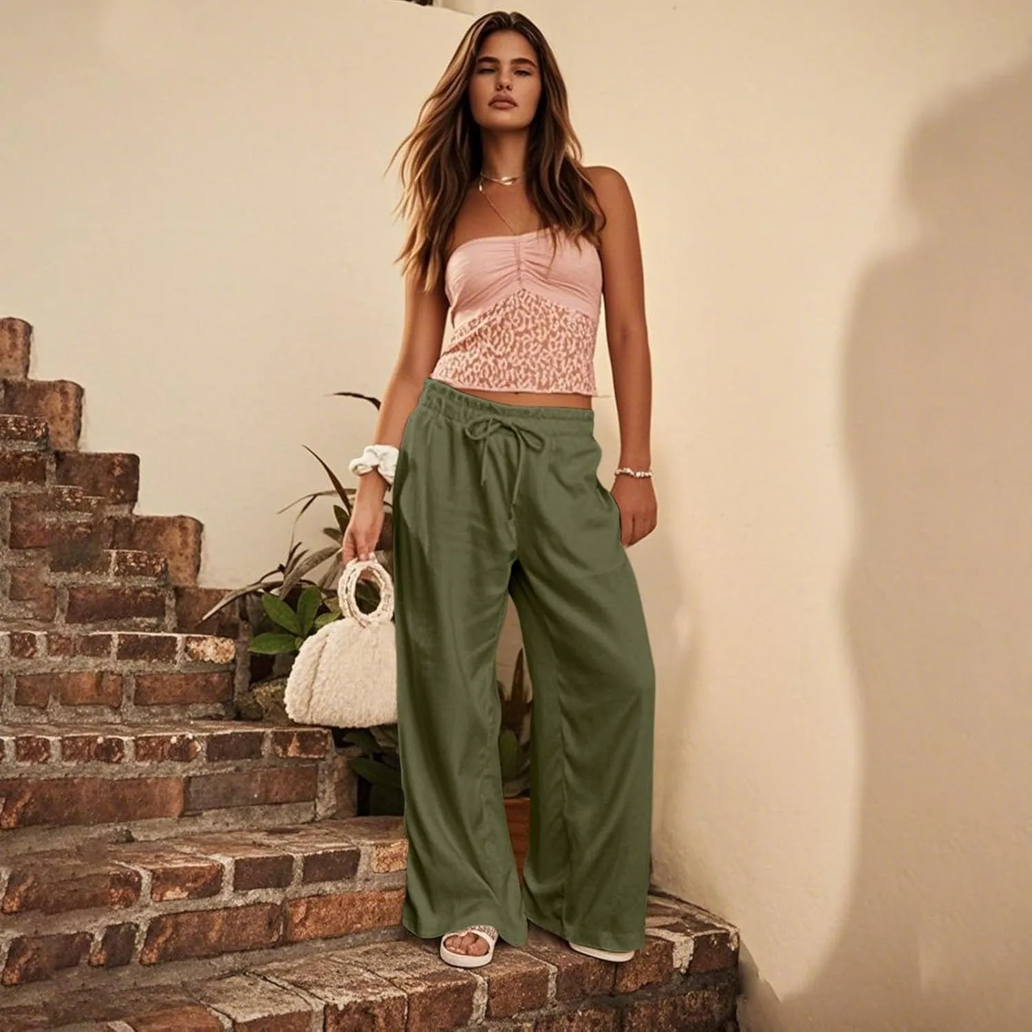 Linen Pants Women Summer Drawstring Elastic Waist Pants Straight Leg Comfy Flowy Cotton Linen Beach Palazzo Trousers