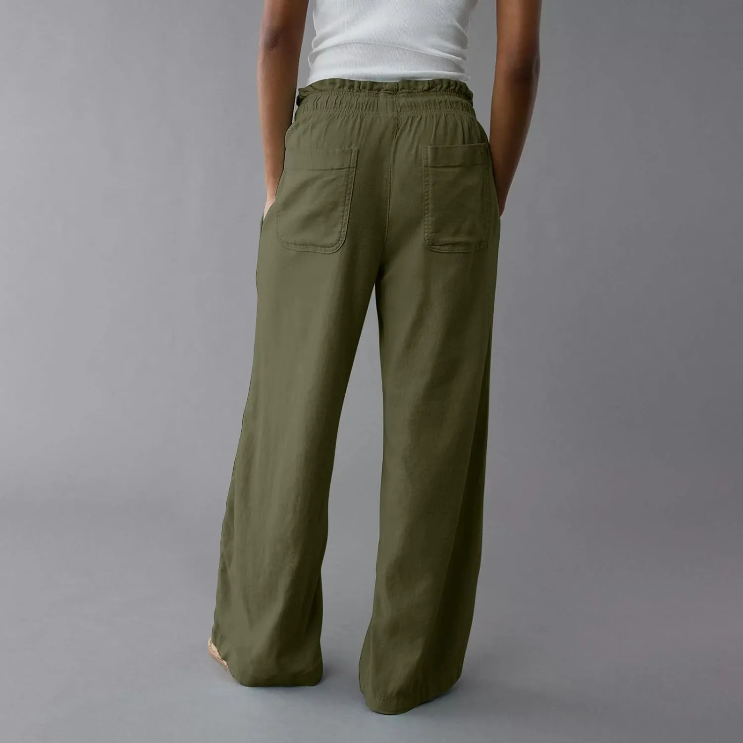 Linen Pants Women Summer Drawstring Elastic Waist Pants Straight Leg Comfy Flowy Cotton Linen Beach Palazzo Trousers