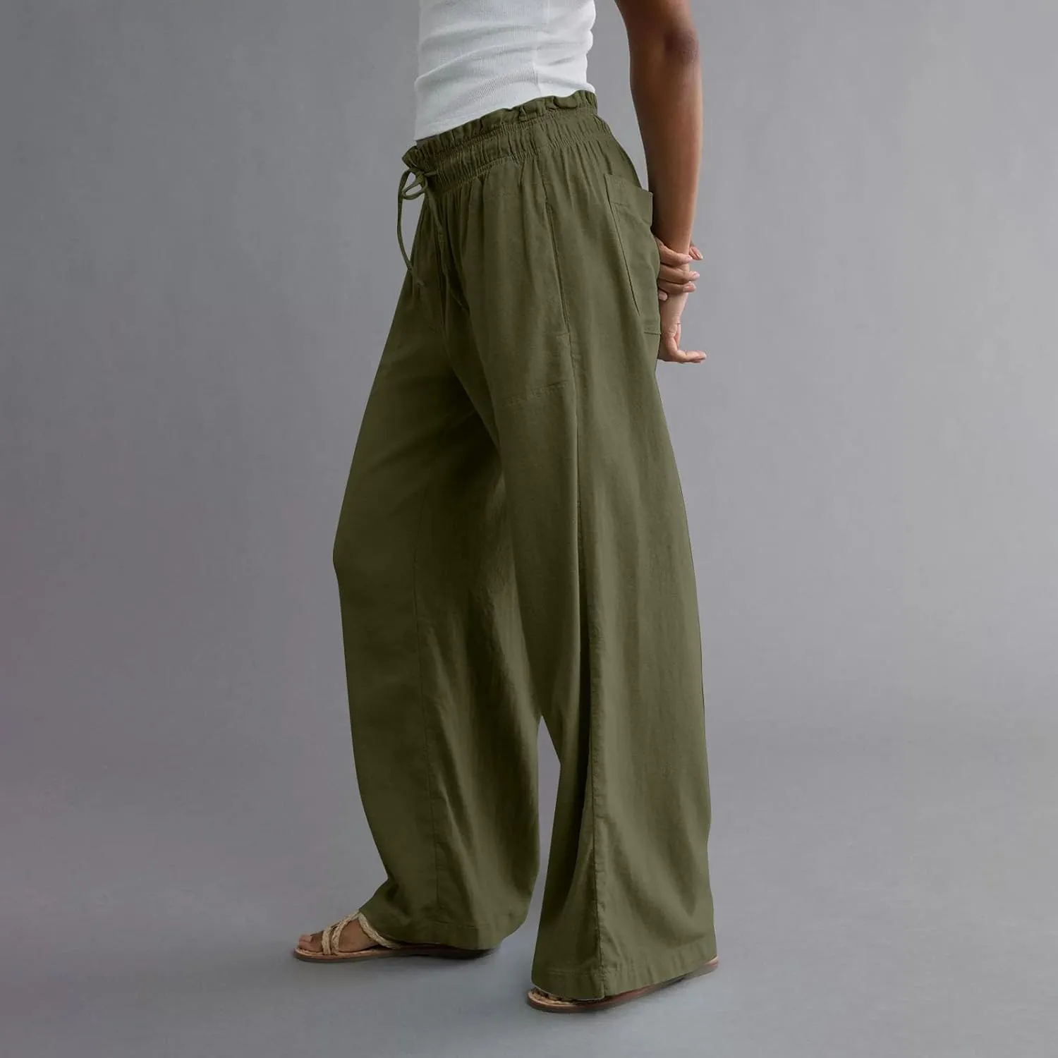 Linen Pants Women Summer Drawstring Elastic Waist Pants Straight Leg Comfy Flowy Cotton Linen Beach Palazzo Trousers