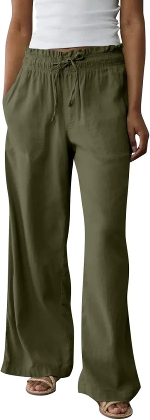 Linen Pants Women Summer Drawstring Elastic Waist Pants Straight Leg Comfy Flowy Cotton Linen Beach Palazzo Trousers