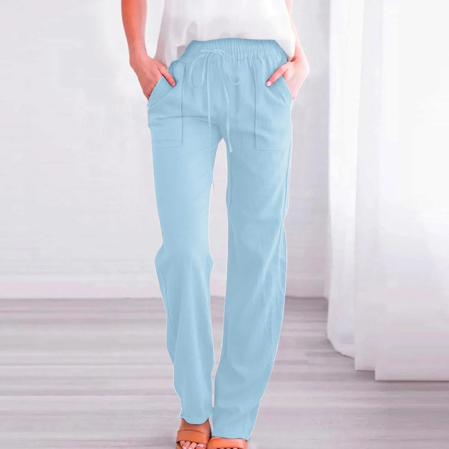 Linen Pants Women Summer High Waisted Drawstring Straight Leg Pants Dressy Solid Color Casual Trousers with Pockets