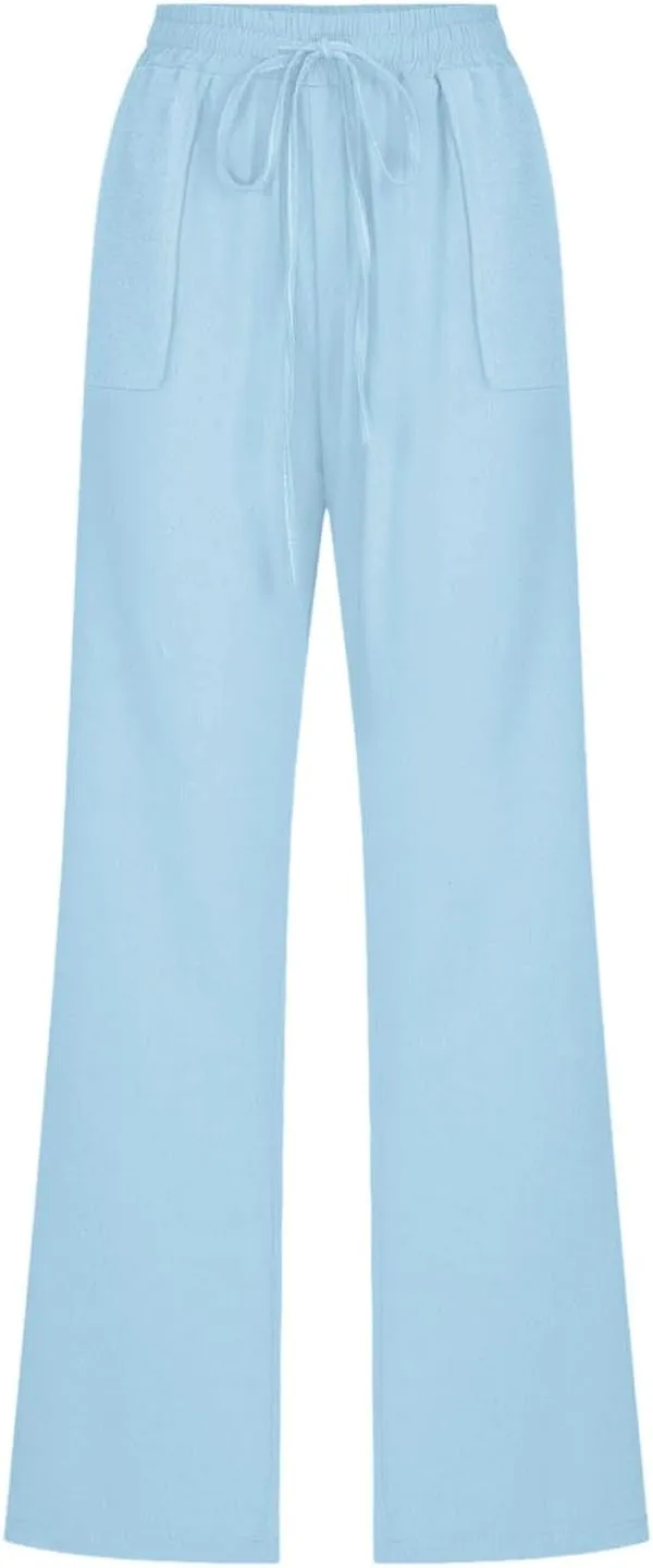 Linen Pants Women Summer High Waisted Drawstring Straight Leg Pants Dressy Solid Color Casual Trousers with Pockets