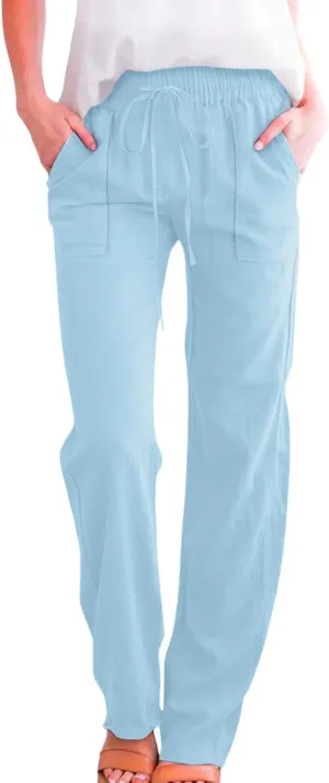 Linen Pants Women Summer High Waisted Drawstring Straight Leg Pants Dressy Solid Color Casual Trousers with Pockets