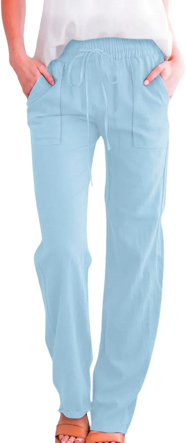Linen Pants Women Summer High Waisted Drawstring Straight Leg Pants Dressy Solid Color Casual Trousers with Pockets