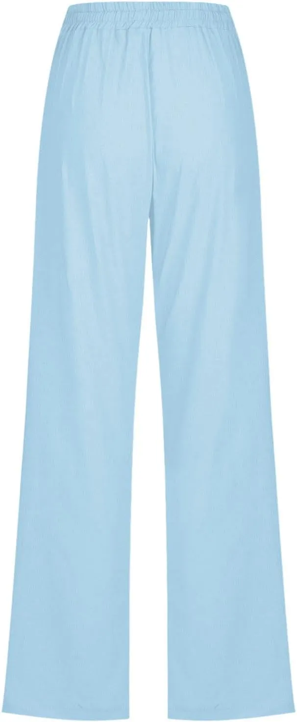 Linen Pants Women Summer High Waisted Drawstring Straight Leg Pants Dressy Solid Color Casual Trousers with Pockets